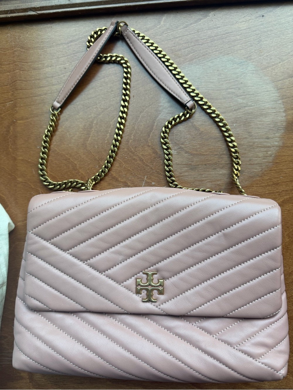 Tory Burch Quilted Chevron Leather Shoulder Bag in Blush Pink with Gold Hardware